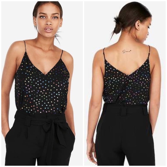 EXPRESS Black Rainbow Metallic Polka Dot Chiffon Downtown Cami Top - Picture 2 of 5